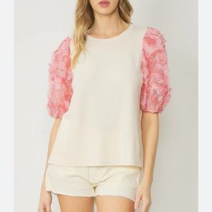 NEW cream ivory Blouse with rose floral Puff Sleeves